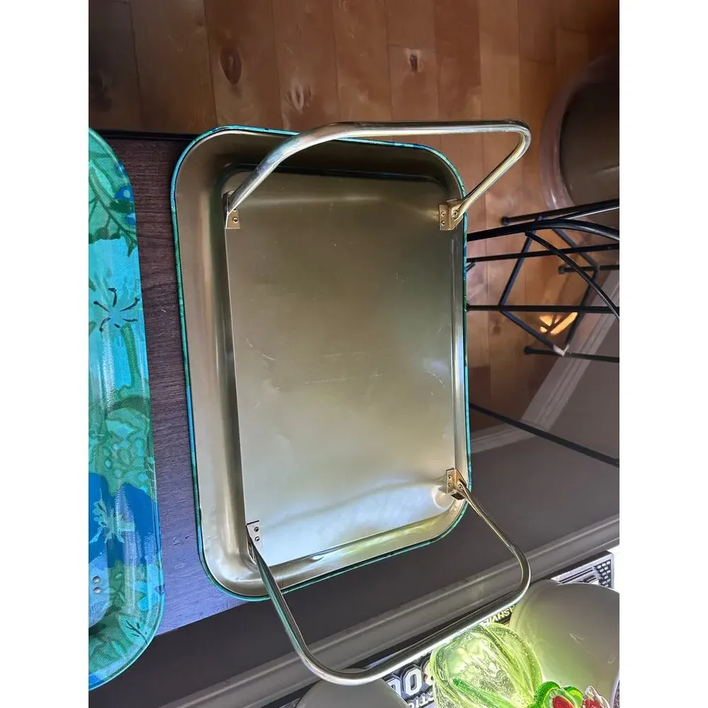 VTG 1960’S-70’S Metal Floral Design TV Tray Table blue green MCM